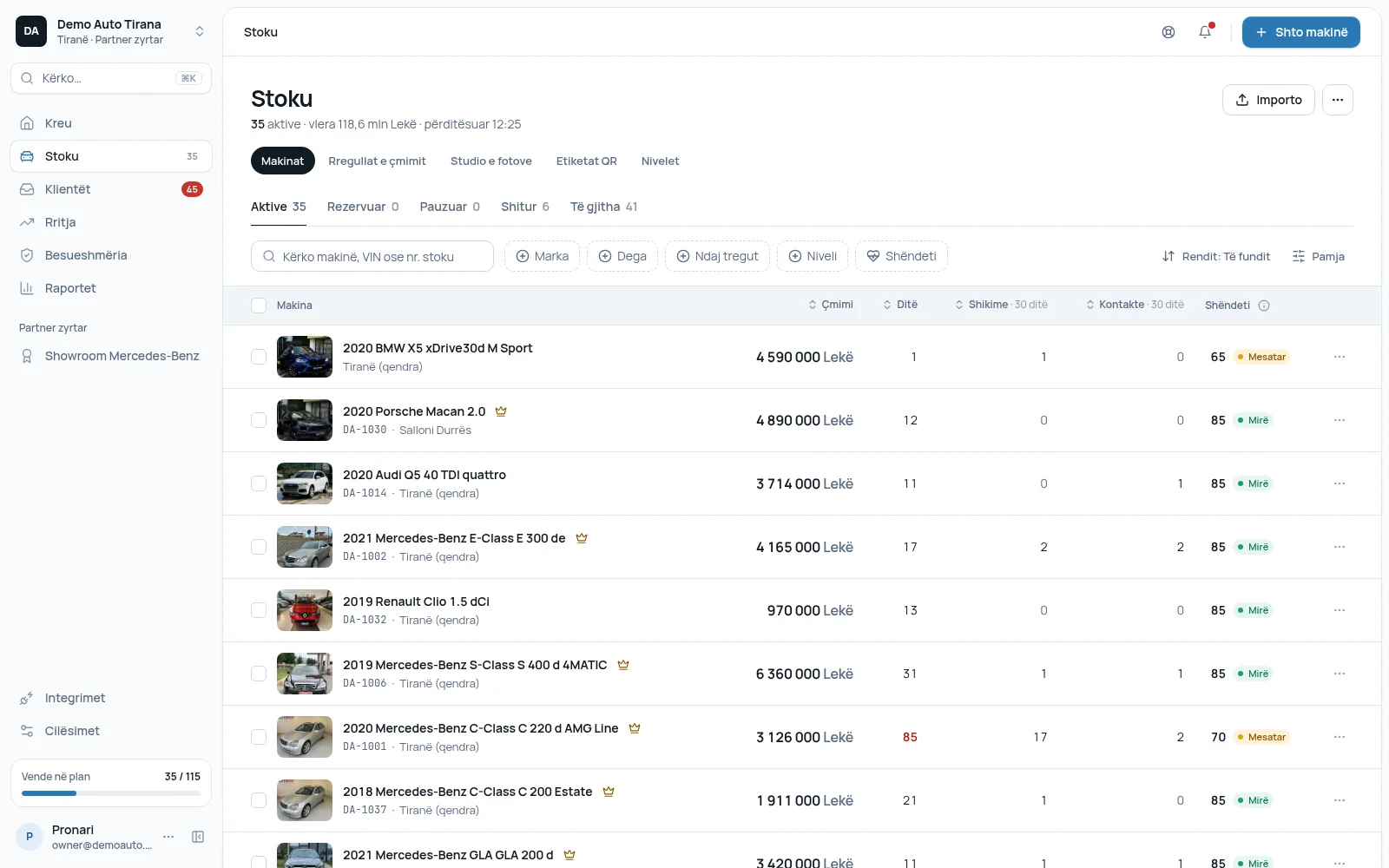 Stock in the CarPulse hub: cars with photos, price, days listed, views and contacts